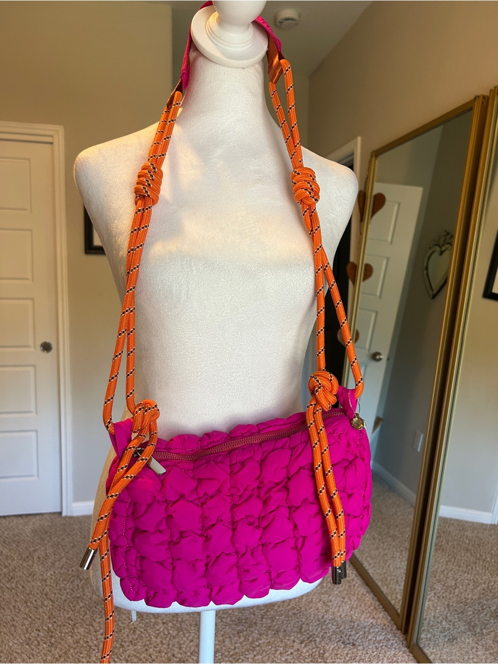 Quilted Puffer Crossbody Paracord Bungee Bag Hot Pink Orange Accents